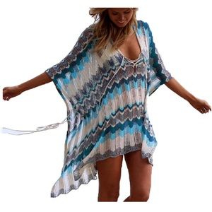 🆕 Breezy blue and white, crochet, swim suit  beach cover-up.